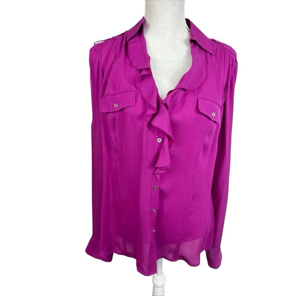 White House Black Market Women's 14 Silk Chiffon Semi-Sheer Button Blouse Violet